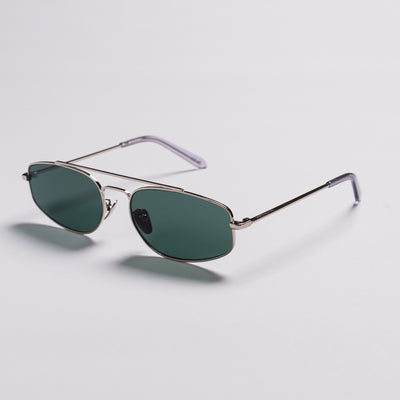 A pair of aviator-style sunglasses with dark green lenses and a thin silver metal frame, displayed on a clean light gray background.